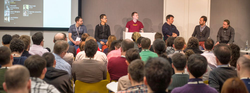 Developer tools panel at Edge 3: Pavel Feldman, Narciso Jaramillo, Jake Archibald, Joe Walker, Kenneth Auchenberg, Henri Bergius